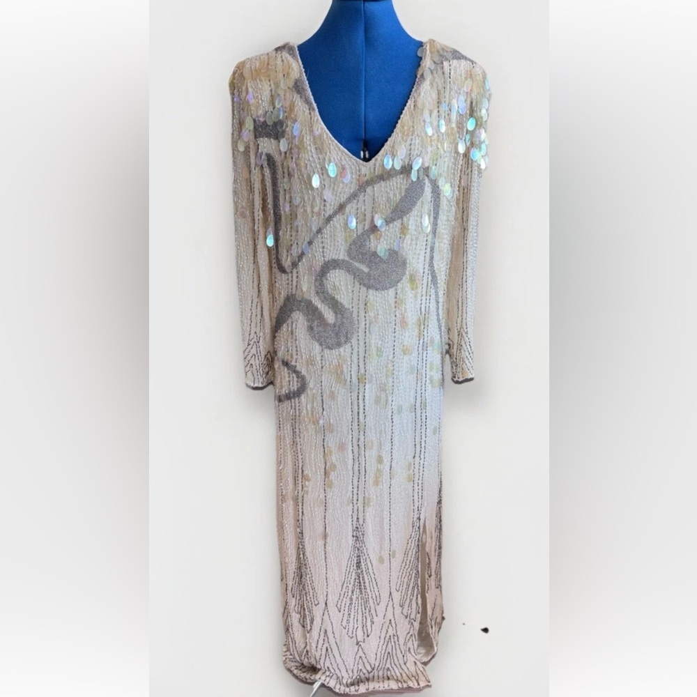 Vintage Oleg Cassini Glam Silk Beaded Maxi Gown Sequin Dress *Flaws